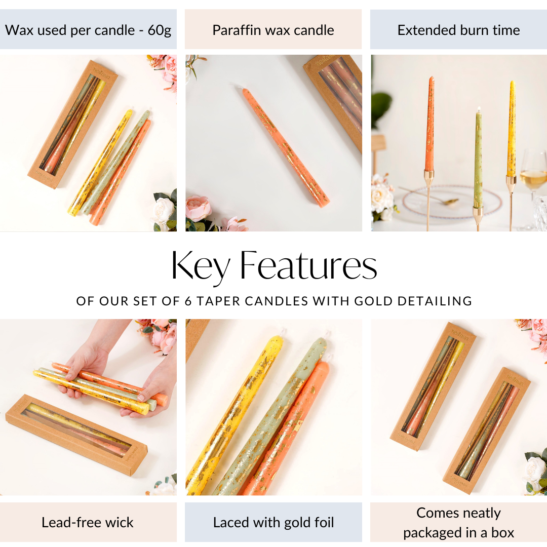 Set Of 6 Taper Candles With Gold Detailing Assorted Colours
