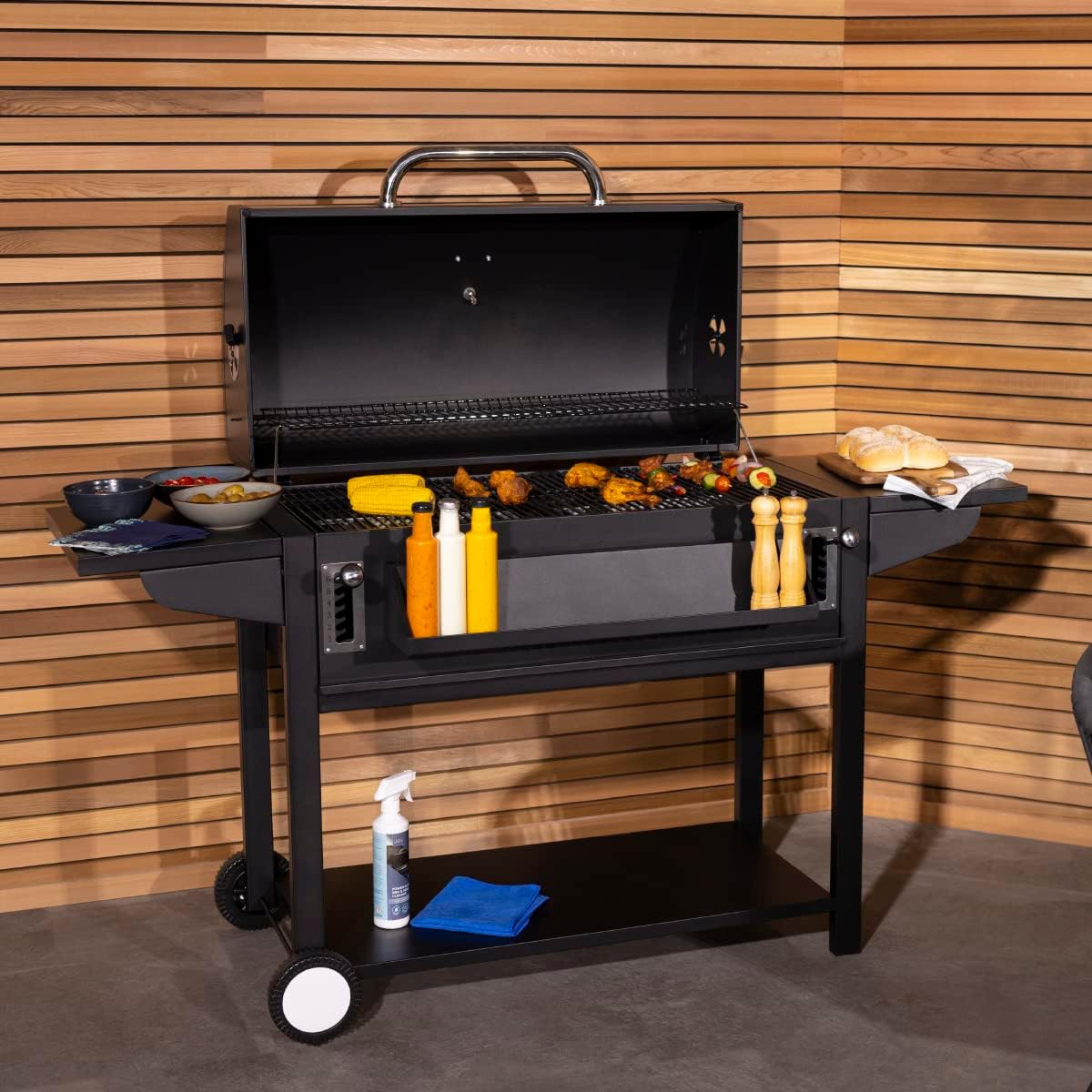 Deluxe American Charcoal BBQ Grill With Thermometer. Side Stands. Bottles Rack. Bottom Shelf