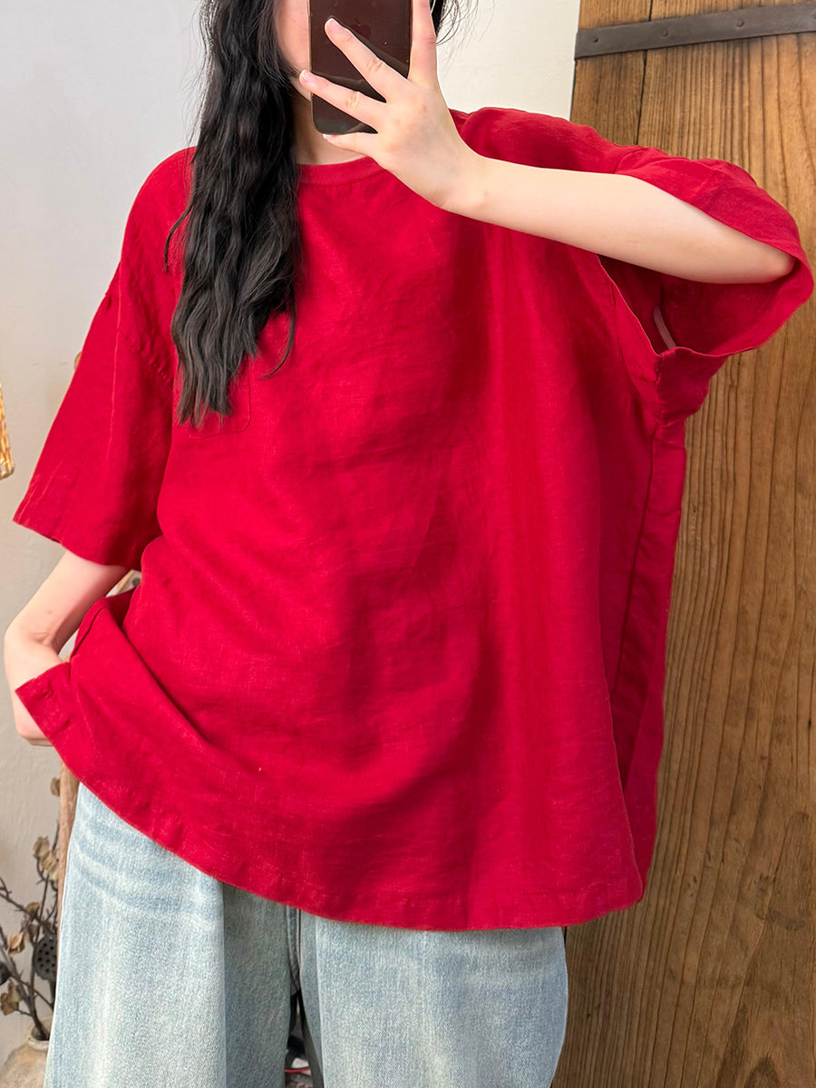 Women Summer Retro Pure Color O-Neck Linen Shirt