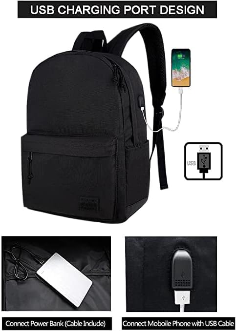 SUPACOOL Casual Laptop Backpack for Men and Women, School Backpack for Boys and Girls, College Bookbag, USB Charging Port, Lightweight Back Pack(Black)