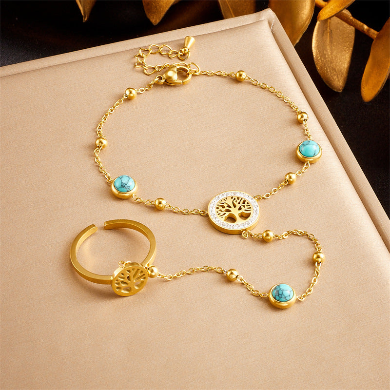Fashion Niche Retro Stainless Steel Round Blue Turquoise Tree Of Life Flower Accessories Decorative Finger Bracelet