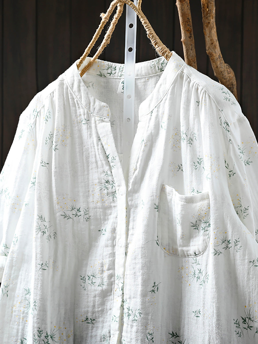 Women Summer Artsy Floral V-Neck 100%Cotton Shirt