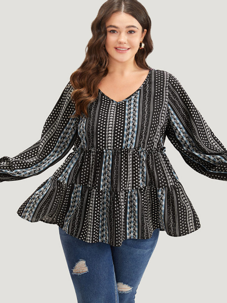 Boho Print Frill Trim Ruffle Layered Hem Blouse