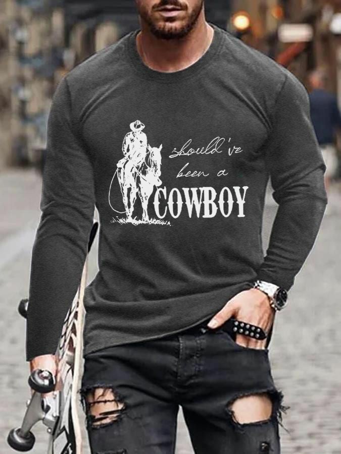 Men's Should've Been A Cowboy RIP Keith Country Music Print Casual Long Sleeve T-Shirt