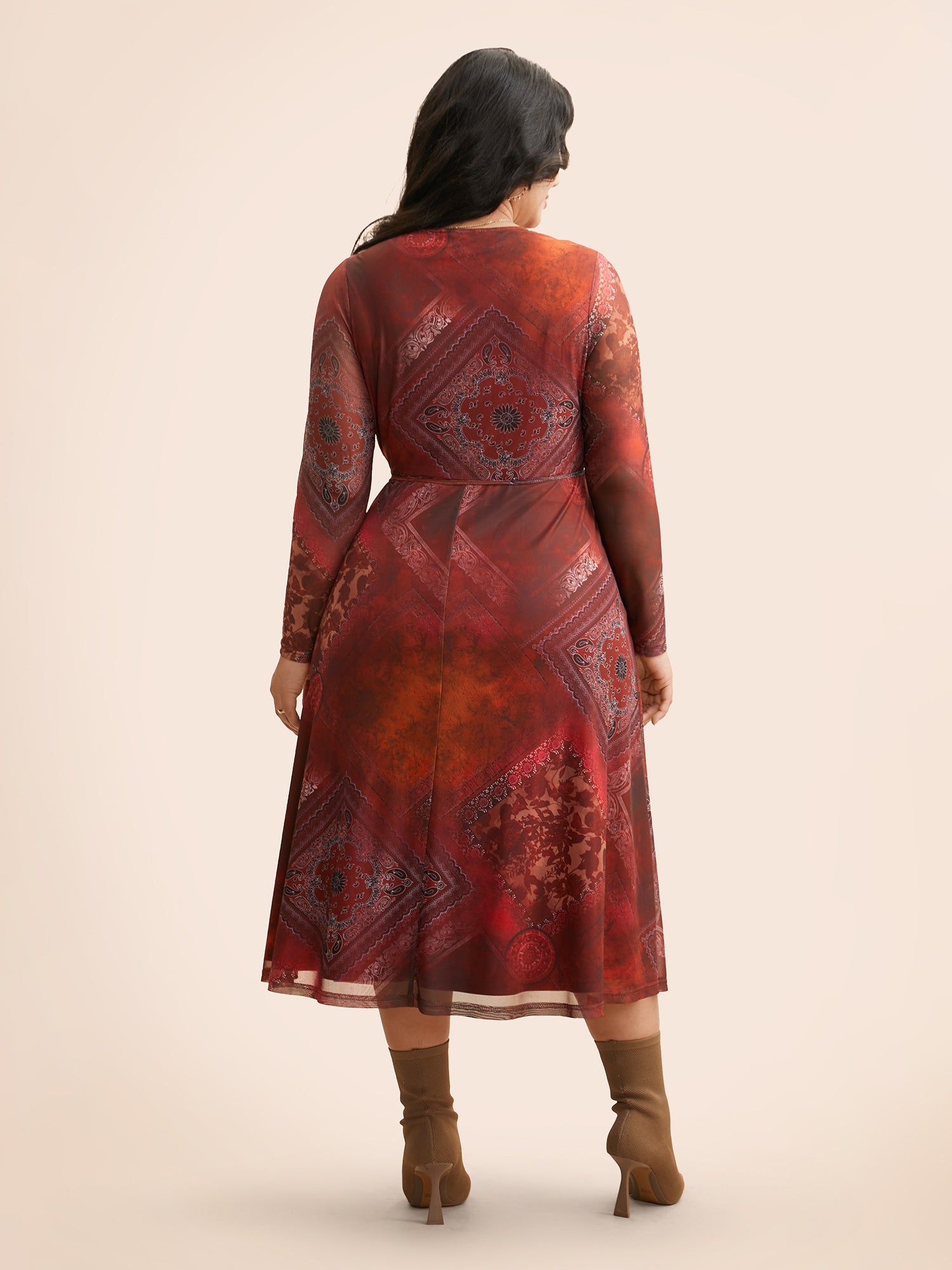 Boho Print Belted Mesh Midi Dress