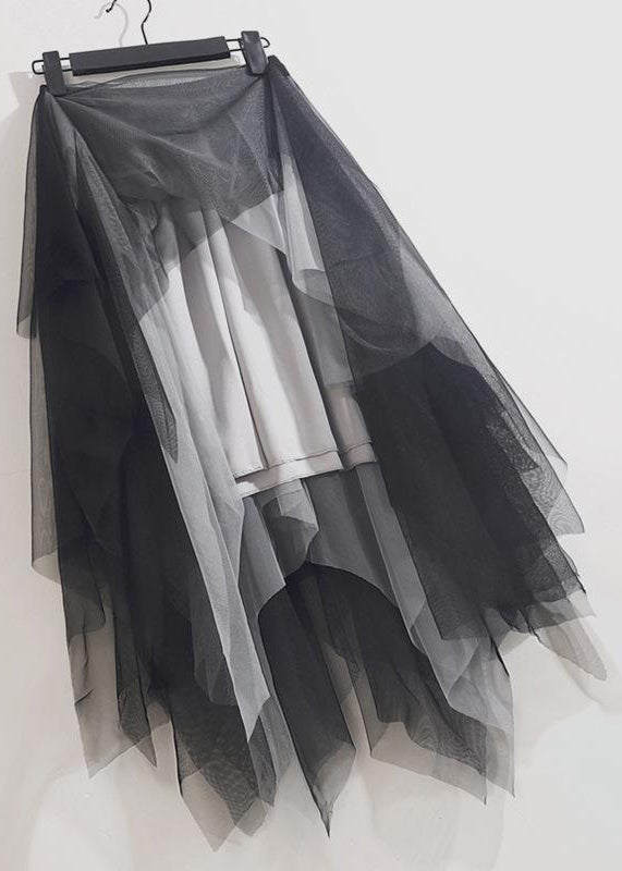 Loose Black Grey Asymmetrical Wrinkled Tulle Skirts Summer