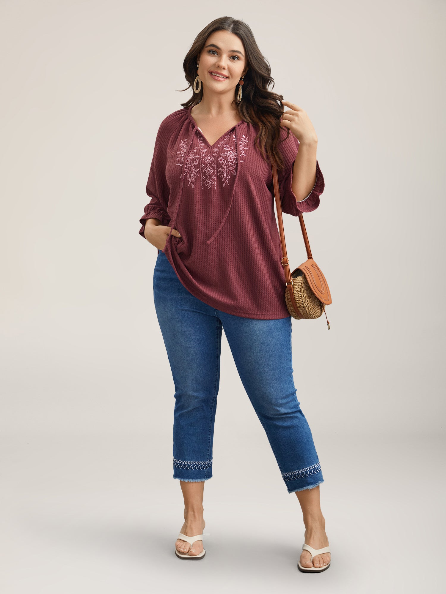 Embroidered Neck-Tie Ruffles Top
