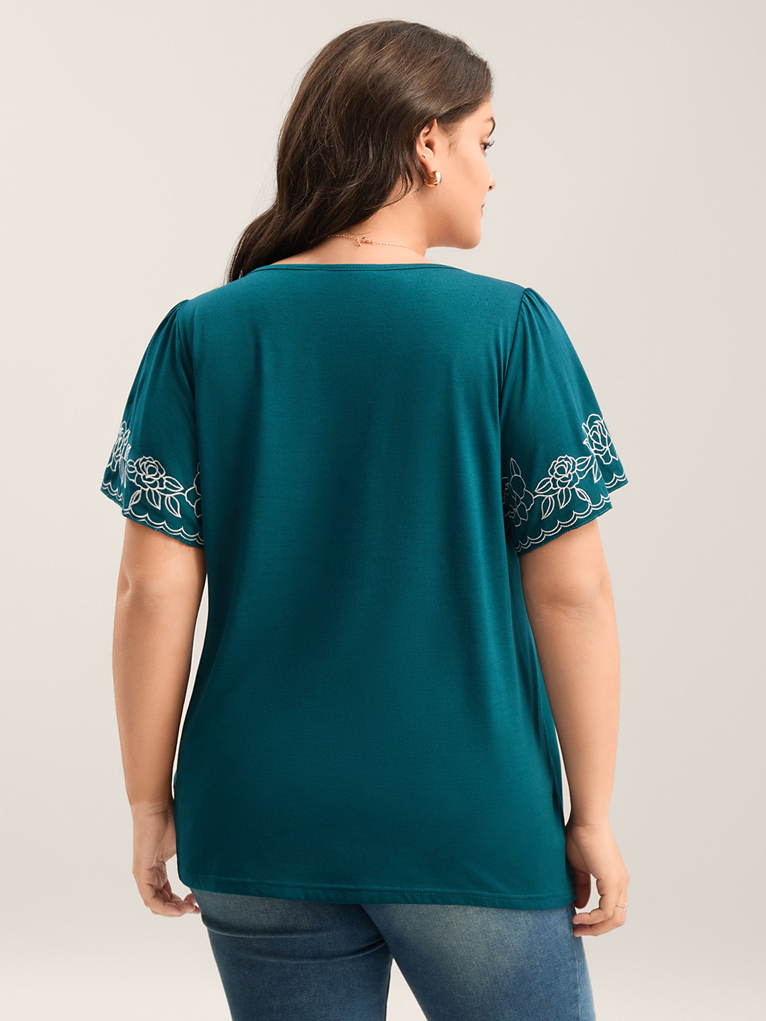 Floral Embroidery Split Neck Flowy Top