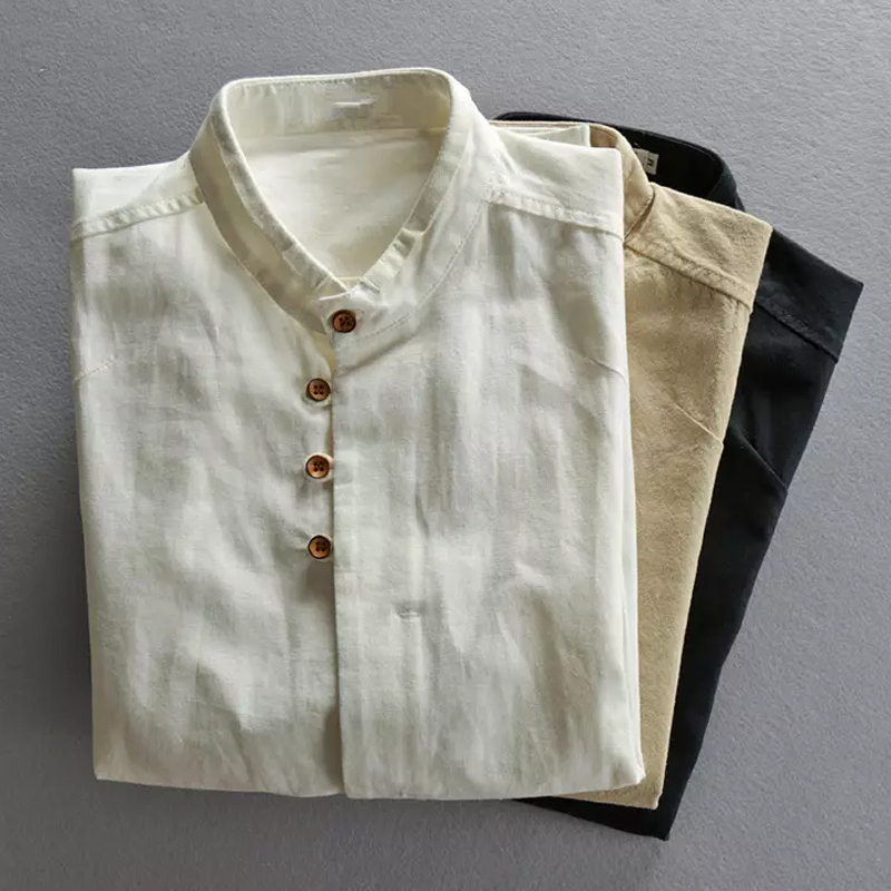 Men's Cotton And Linen Long-Sleeved Stand-Up Collar Shirt