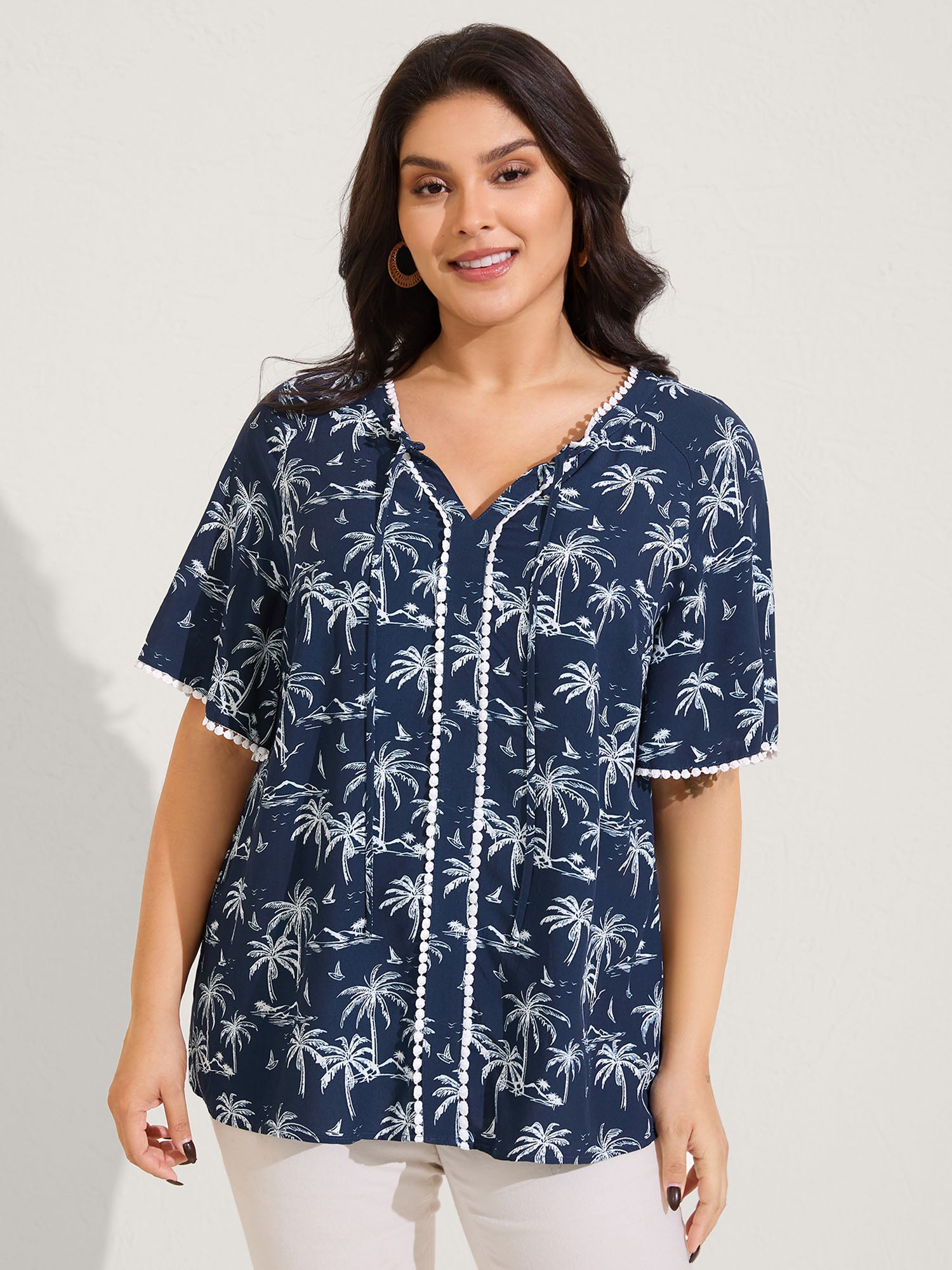 Tropical Print Lace Trim Flowy Blouse