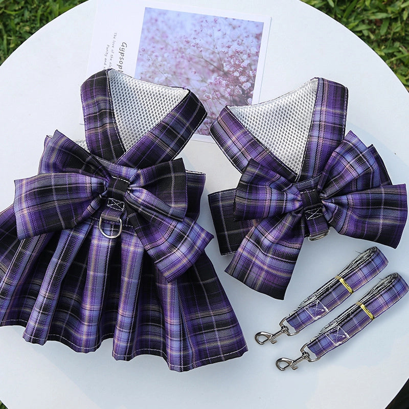 Pet Dog Cat JK Plaid Vest Leash Teddy Clothes Than Bear Skirt Chest Strap Dog Rope Supplies