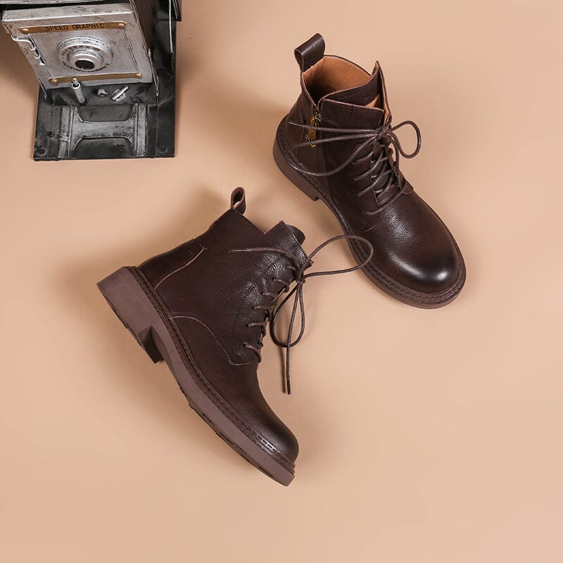 Leather Martin Boots Brush-Off Combat Boots Lace Up Ankle Boots in Black/Coffee/Brown