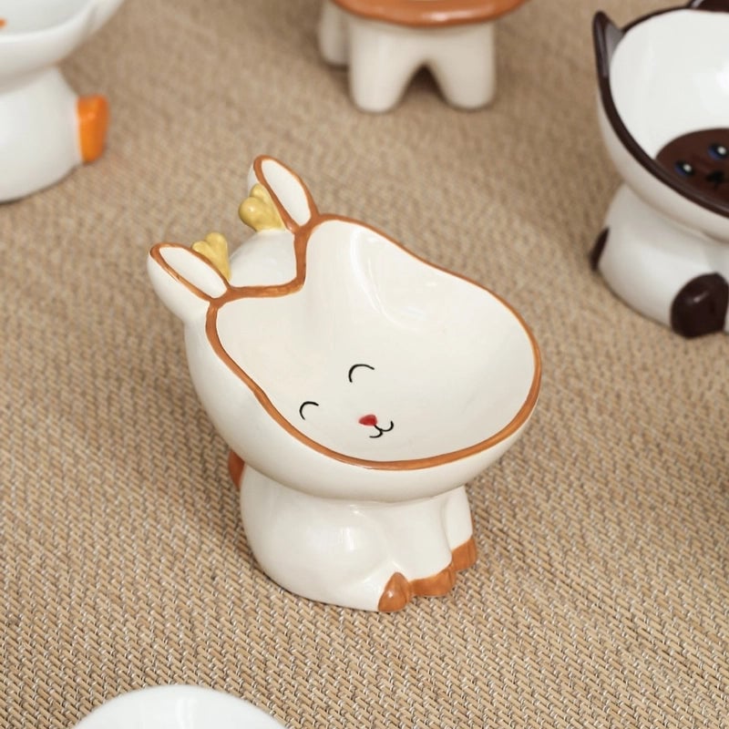 High-legged Ceramic Cat Bowl Pet Bowl Diagonal Neck Protection Brown Lion Bowl Ornaments Ceramic Storage Box Desktop Storage