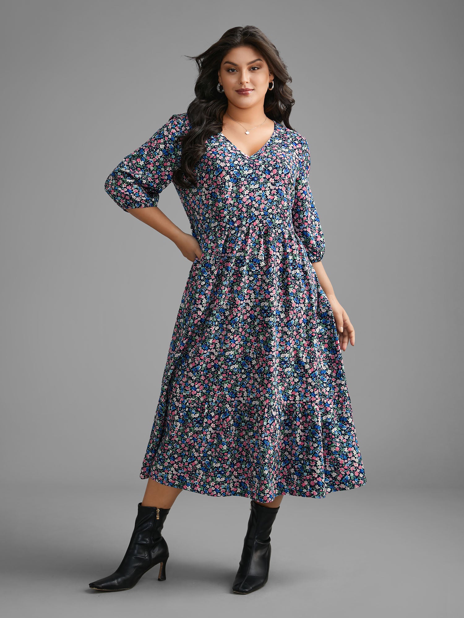 Ditsy Floral Lantern Sleeve Ruffle Hem Dress