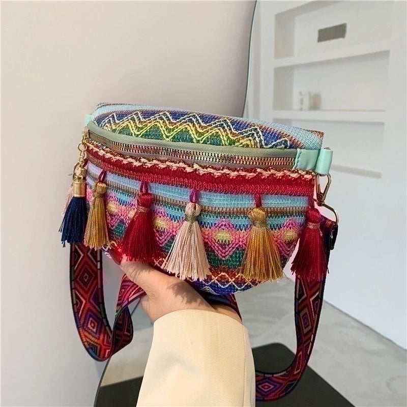 Women's Basic Ethnic Style Color Block Stripe Straw Waist Bags