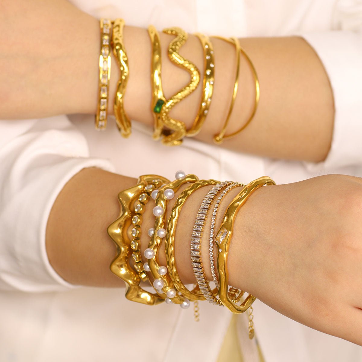 Ins Stainless Steel Zircon Pearl Bracelet C-Shaped Wave Line Open Gold-Plated Bracelet Design Female