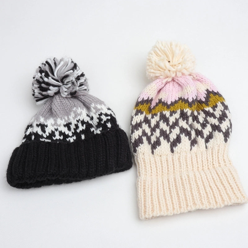 Unisex Retro Ethnic Style Color Block Pom Poms Eaveless Wool Cap