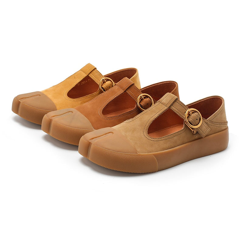 Retro Leather Flat T Strap Mary Jane Shoes For Women Round Toe Khaki/Brown/Yellow/Cameo Brown