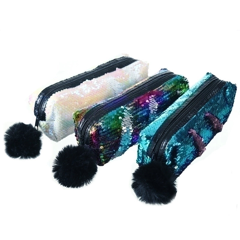 Fashion New Fur Ball Sequins Cosmetic Pencil Case Mermaid Storage Bag