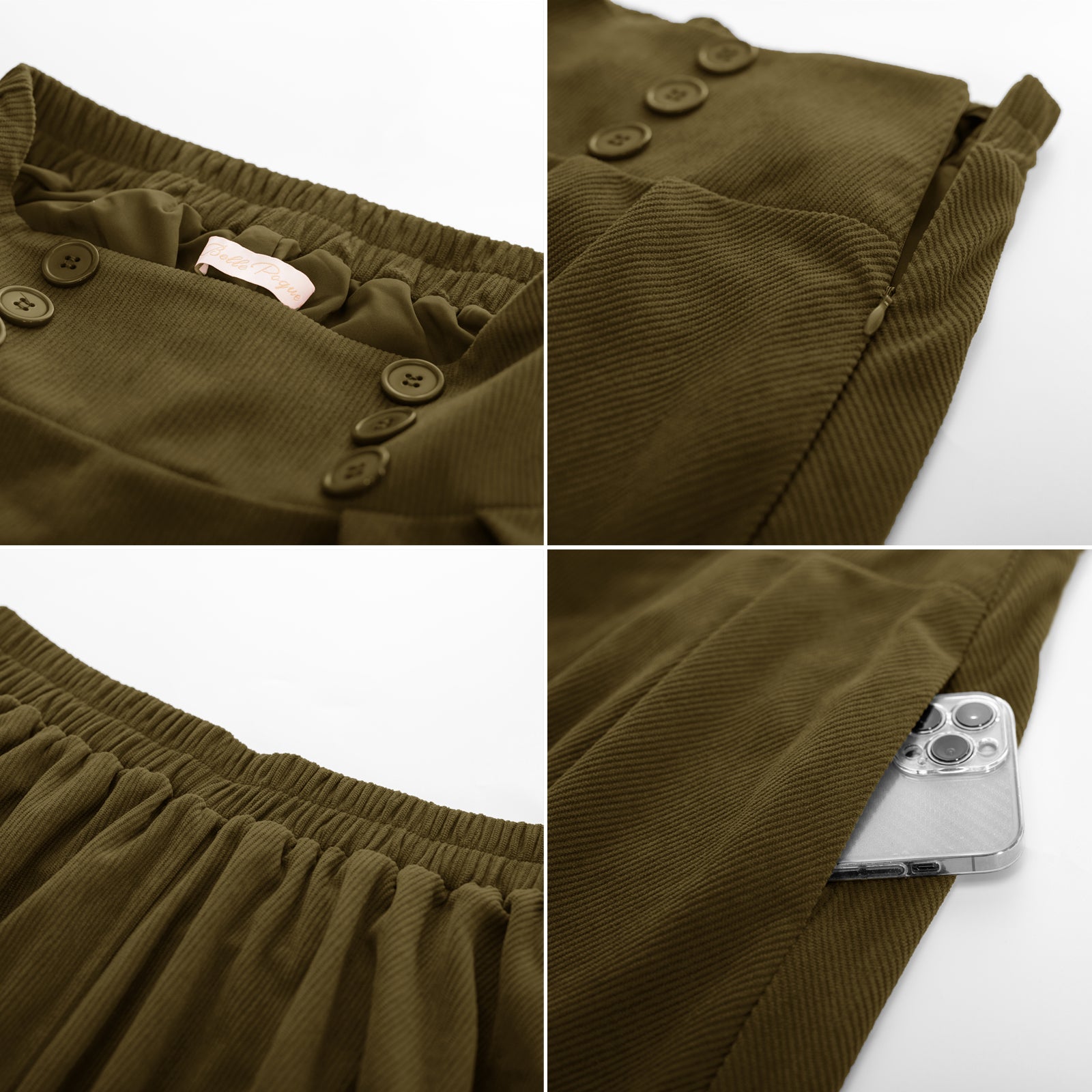 Vintage Corduroy Skirt Elastic High Waist Buttons Decorated Swing Skirt with Pockets