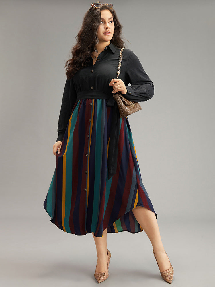 Colour Striped Patchwork Belted Button Through Dress