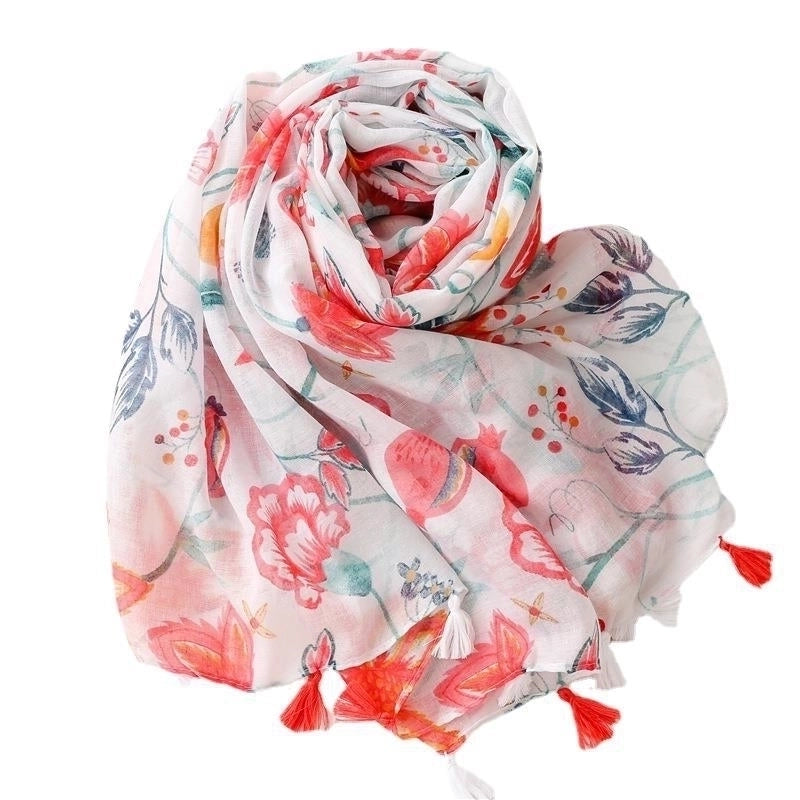 Cotton And Linen Scarf Red Petals Dragon Fruit Tassel Scarf Shawl