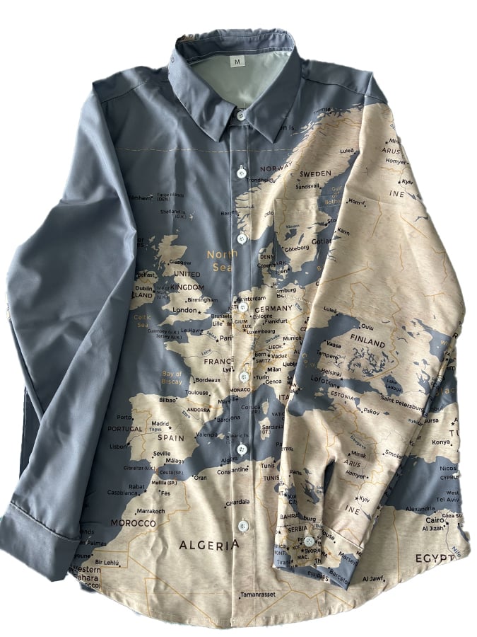 Men's World Map Print Pocket Long Sleeve Shirt