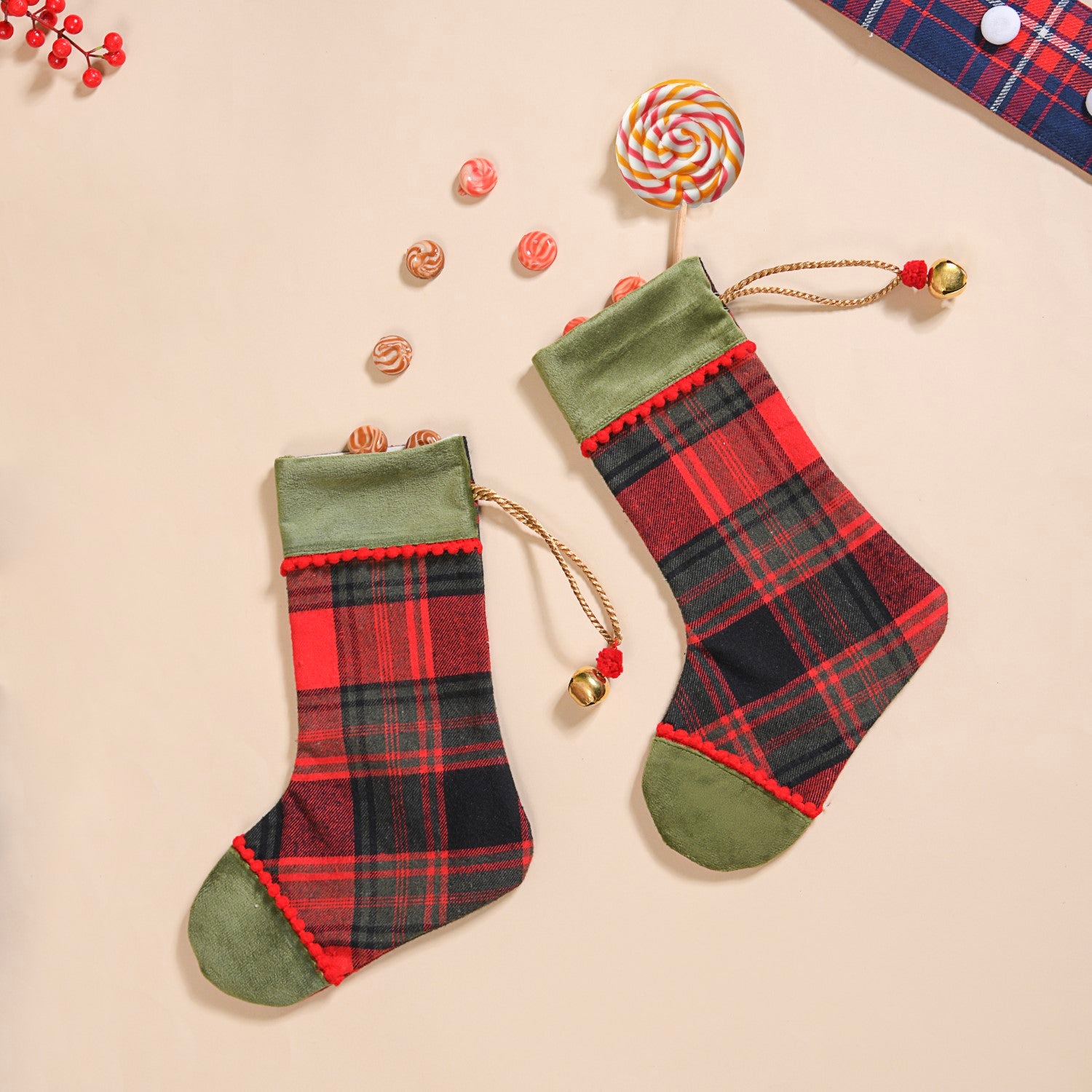 Plaid Bell Santa Stockings Set Of 2