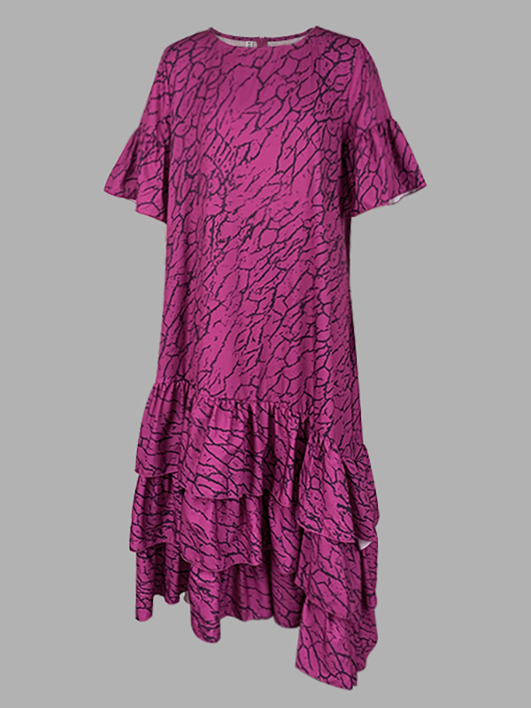 Flared Sleeves Half Sleeves Asymmetric Layered Pleated Printed Ruffle Trim Round-Neck Maxi Dresses