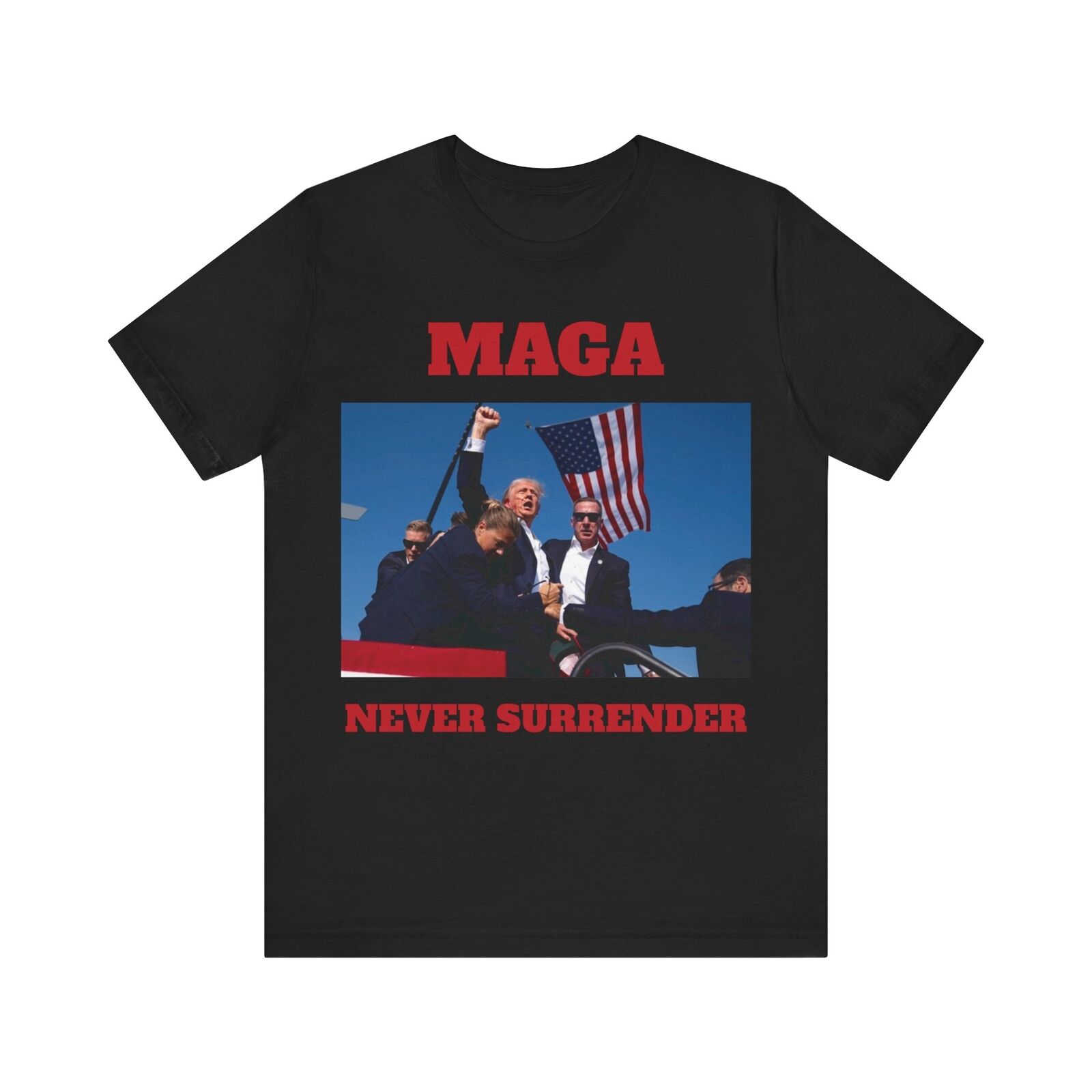 LOW STOCK Donald Trump Shirt MAGA Never Surrender 2024 Rally Shot Trump