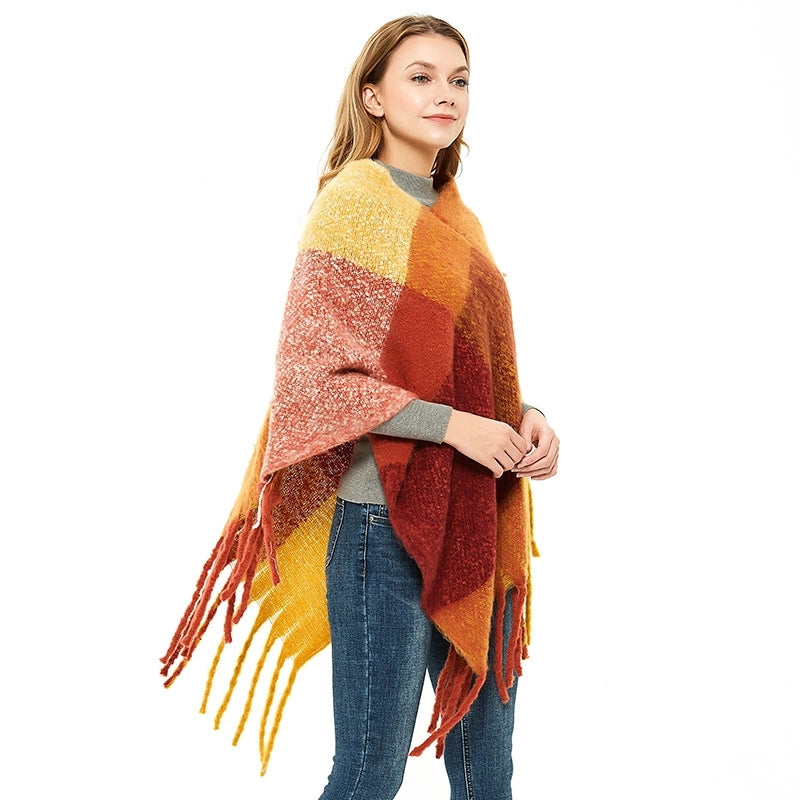 Hot Style New Autumn And Winter Women's Shawl Thick Tassel Loop Yarn Large Plaid Cloak