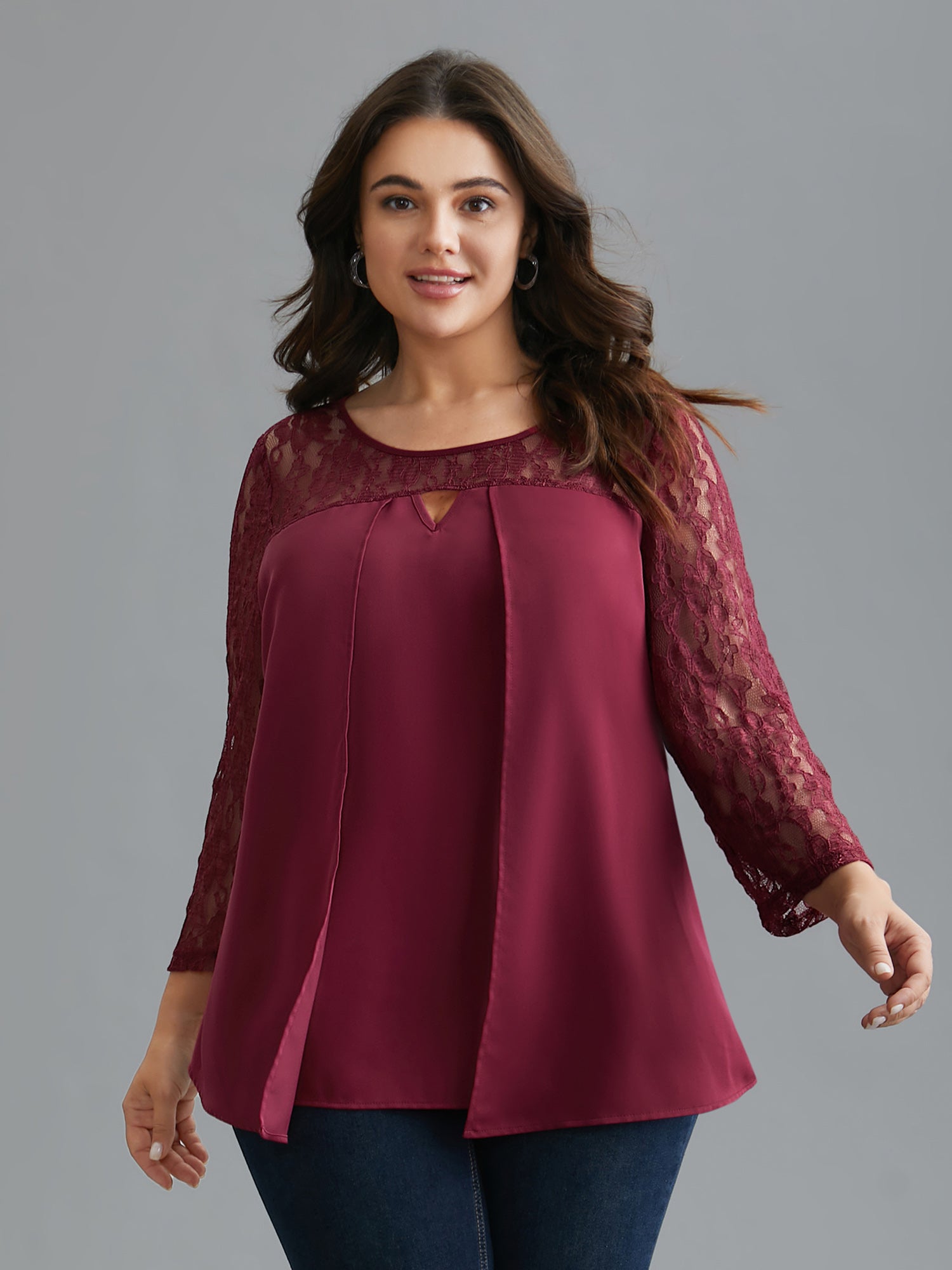 Sheer Lace Sleeve Neck Cut-Out Shirt