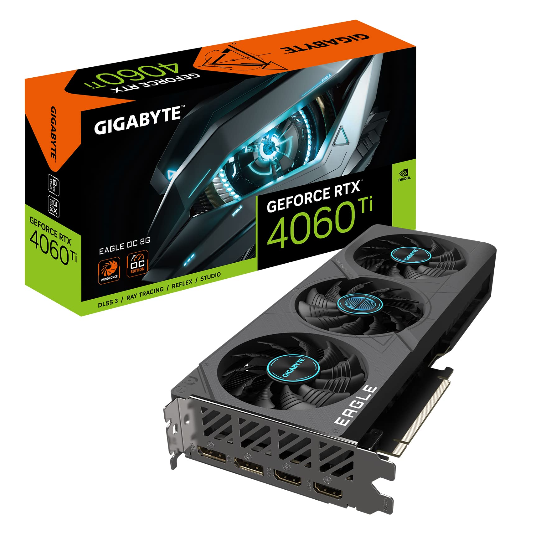 Gigabyte Tarjeta gráfica GeForce RTX 4060 Ti Eagle 8G. 3 Ventiladores WINDFORCE. 8 GB 128 bits GDDR6. GV-N406TEAGLE-8GD