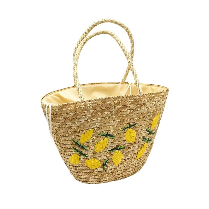 Women's Large Straw Lemon Vacation Beach Weave String Straw Bag