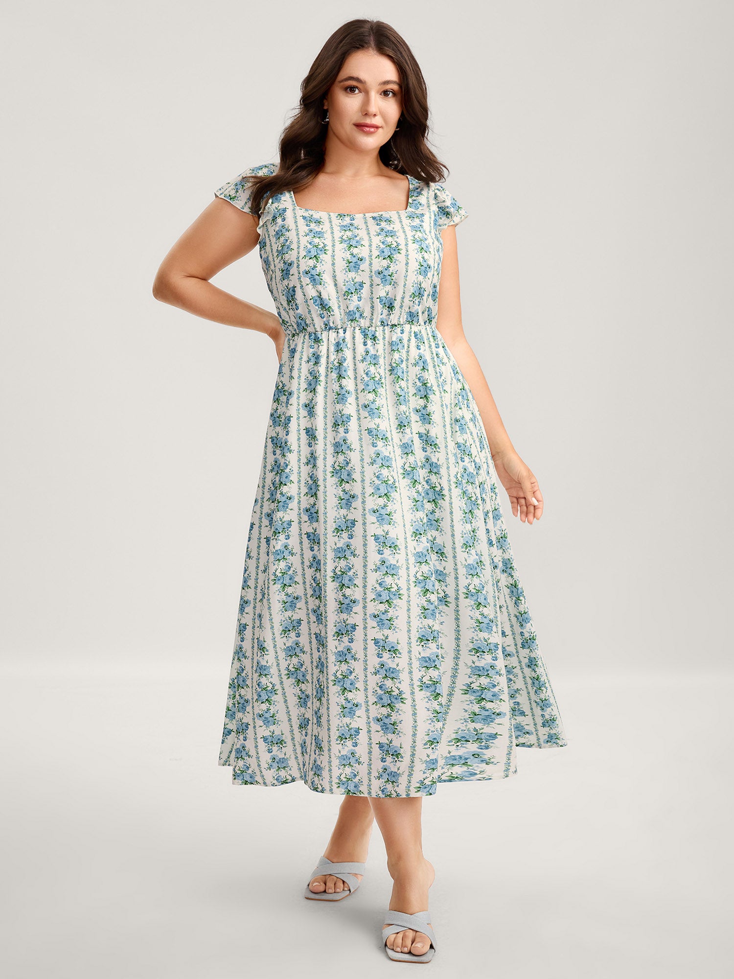 Floral Stripe Flutter Sleeve Maxi Dress