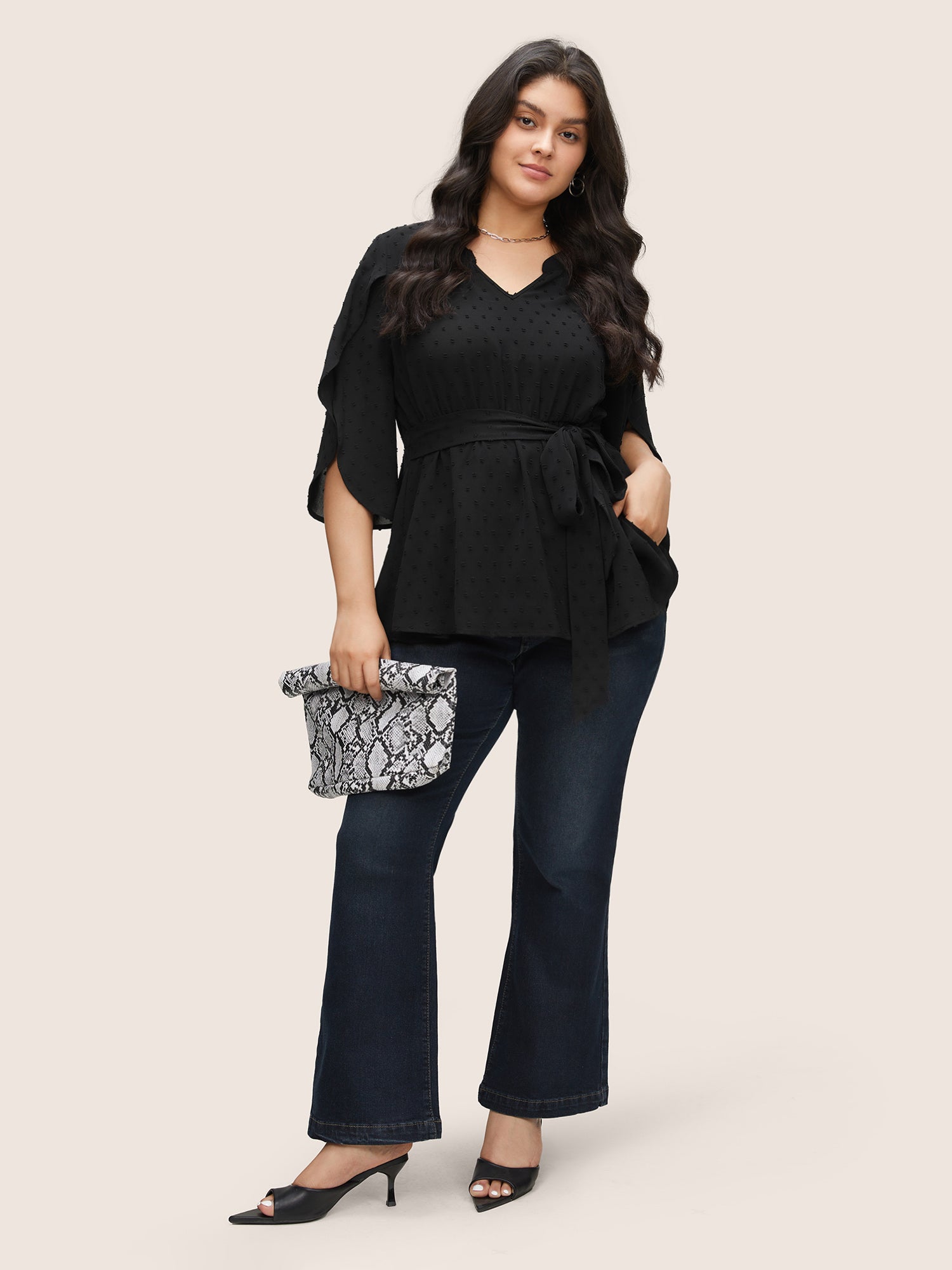 Plain Textured Petal Sleeve Ties Blouse