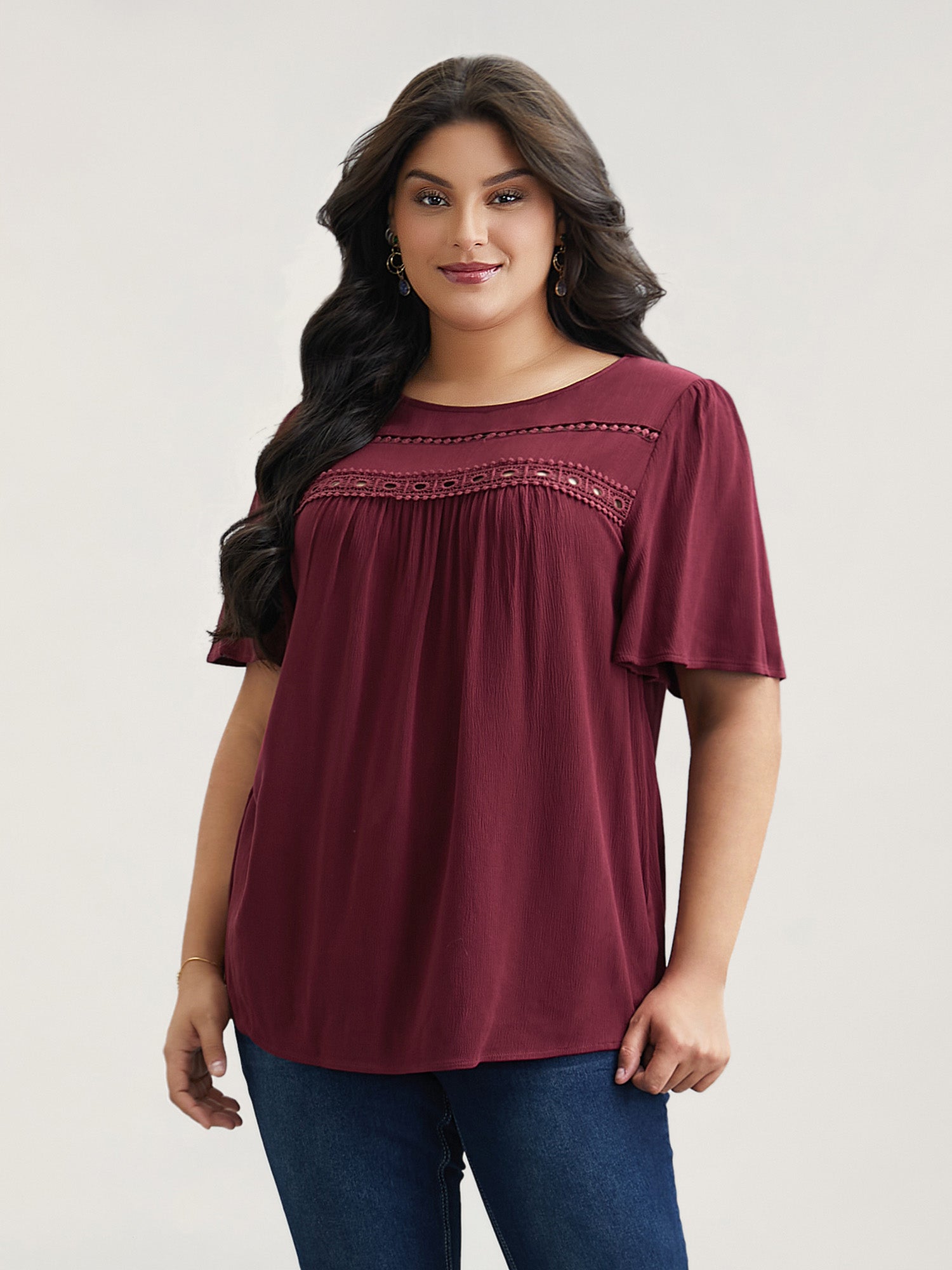 Lace Cut-Out Round Neck Pleated Shirt
