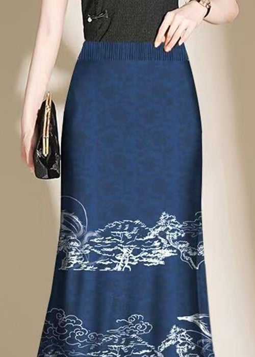 Vintage Navy Print Side Open Cotton Skirt Summer