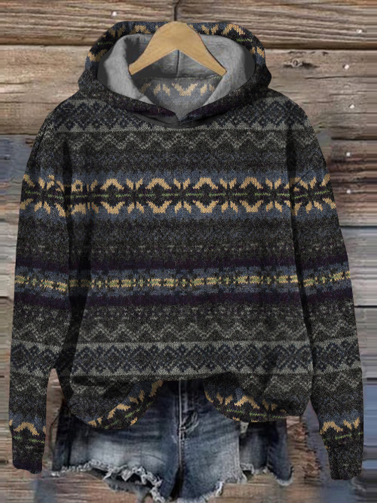 Vintage Icelandic Pattern Cozy Hoodie Sweater