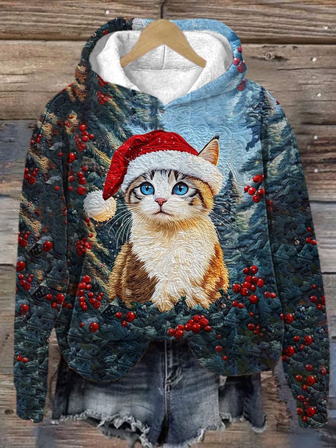 Women's Christmas Cute Cat Print Casual Hoodie