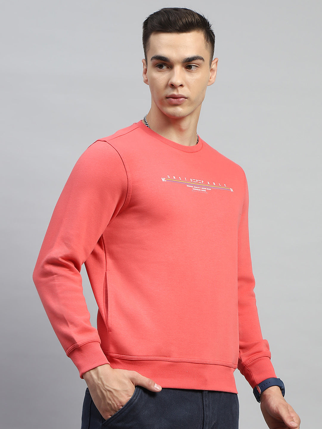 Men Red & Sky Blue Printed Round Neck Full Sleeve Sweatshirt