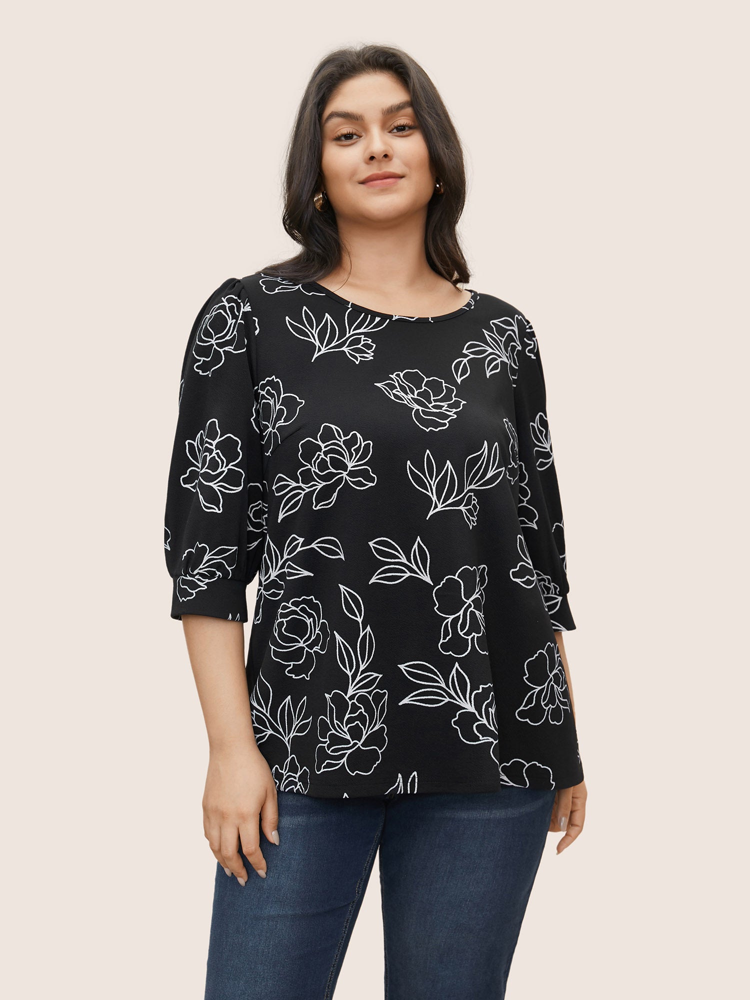 Floral Print Crew Neck Lantern Sleeve T-shirt