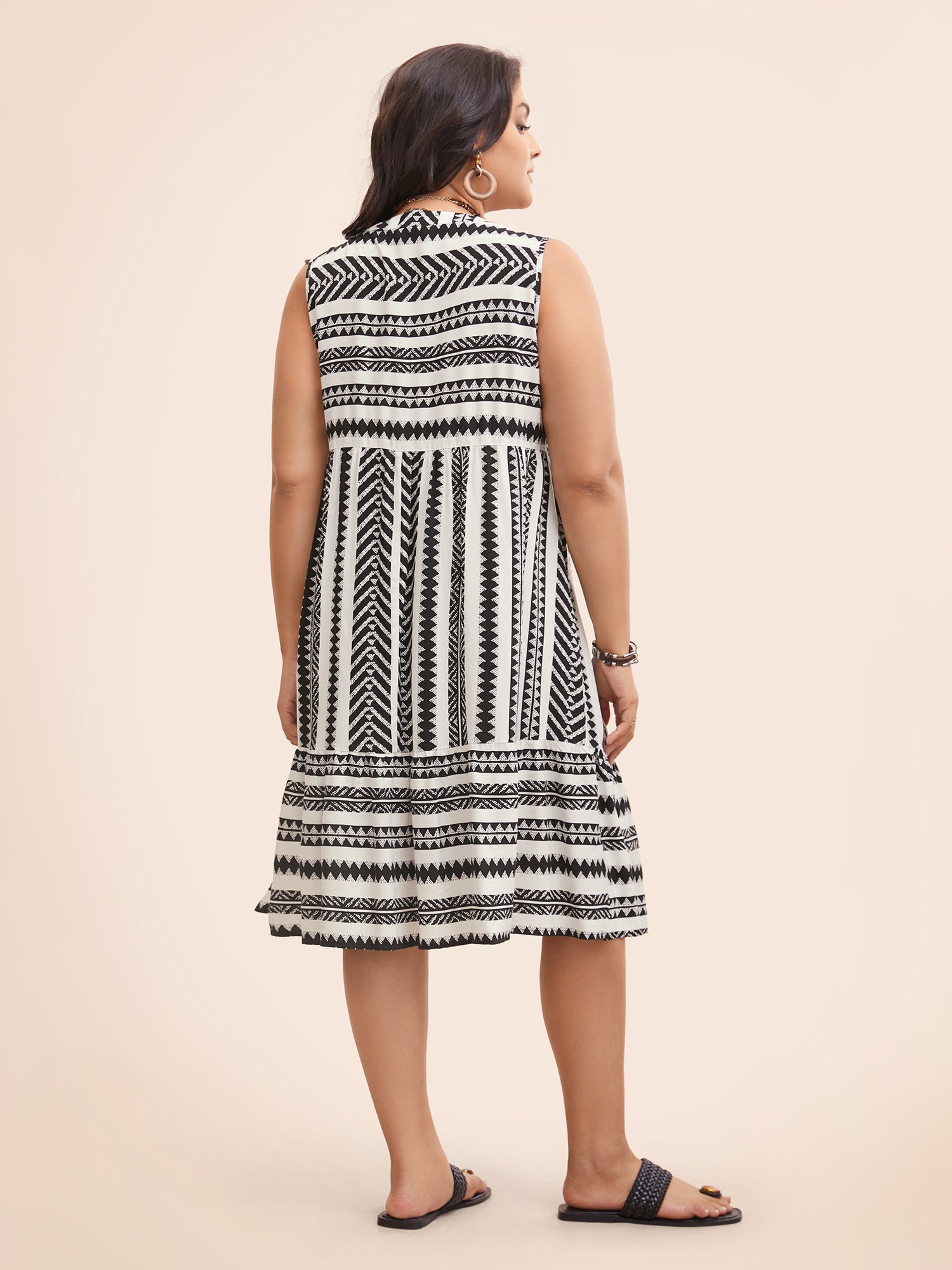 Striped Geometric Pocket Ruffle Hem Sleeveless Tank Dress