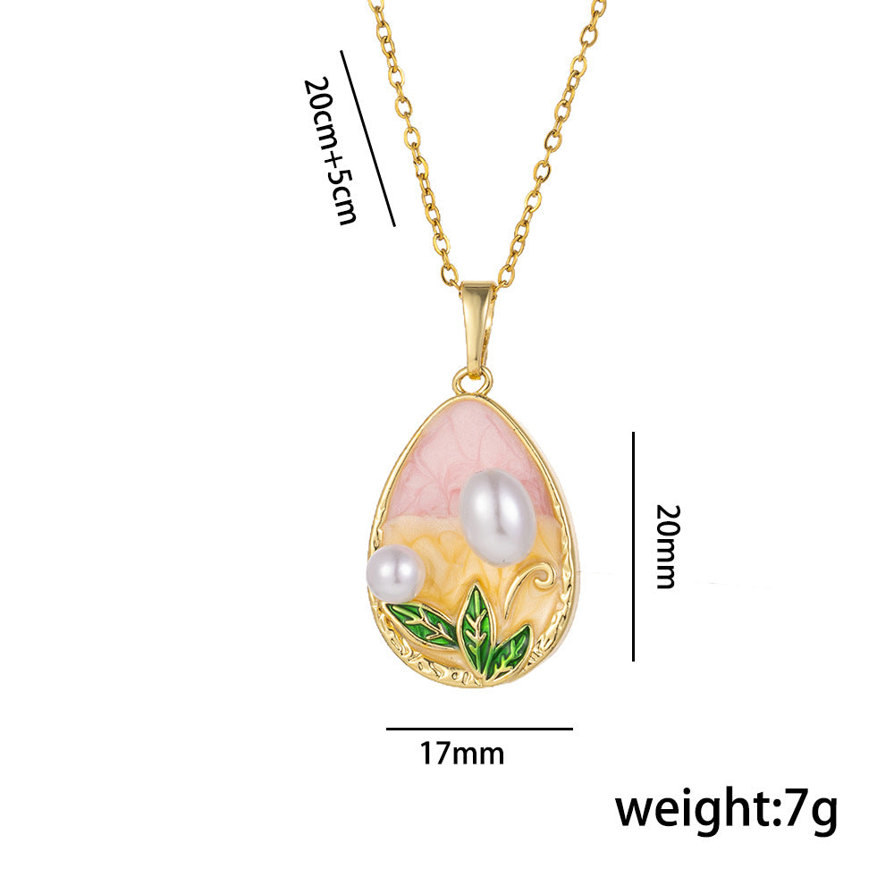 Medieval Monet Garden Necklace Copper Micro-Inlaid Pearl Beads Retro Oil Painting Style Clavicle Chain