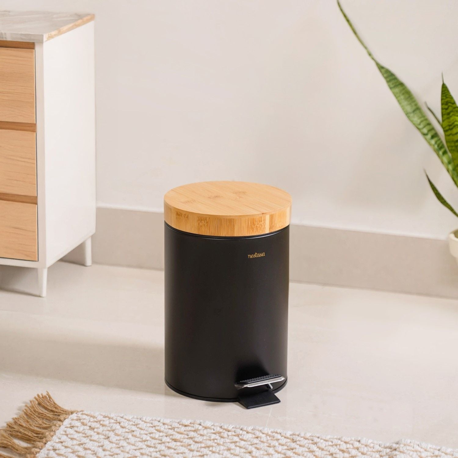 Modbin Bamboo Lid Metal Dustbin With Bucket Black 3000ml
