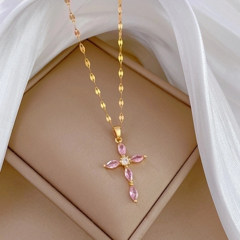 Minimalist Cross Stainless Steel Copper Inlay Zircon Pendant Necklace