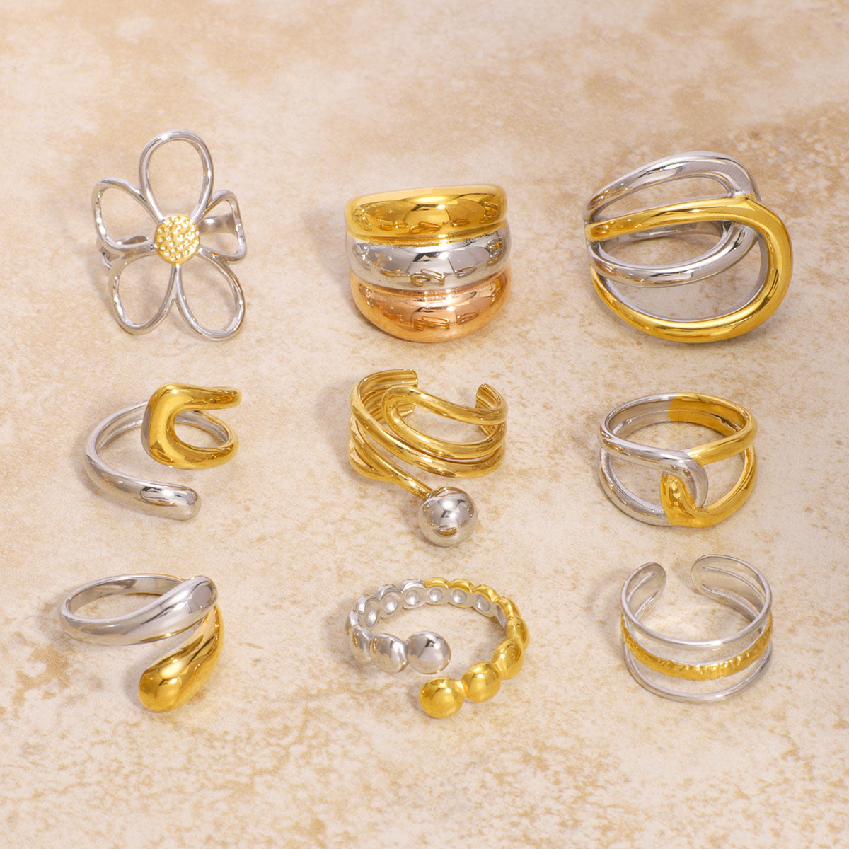 Design Sense Two-Color Hollow Lines Gold Ring Asymmetrical Staggered Exaggerated Stainless Steel Ring Women