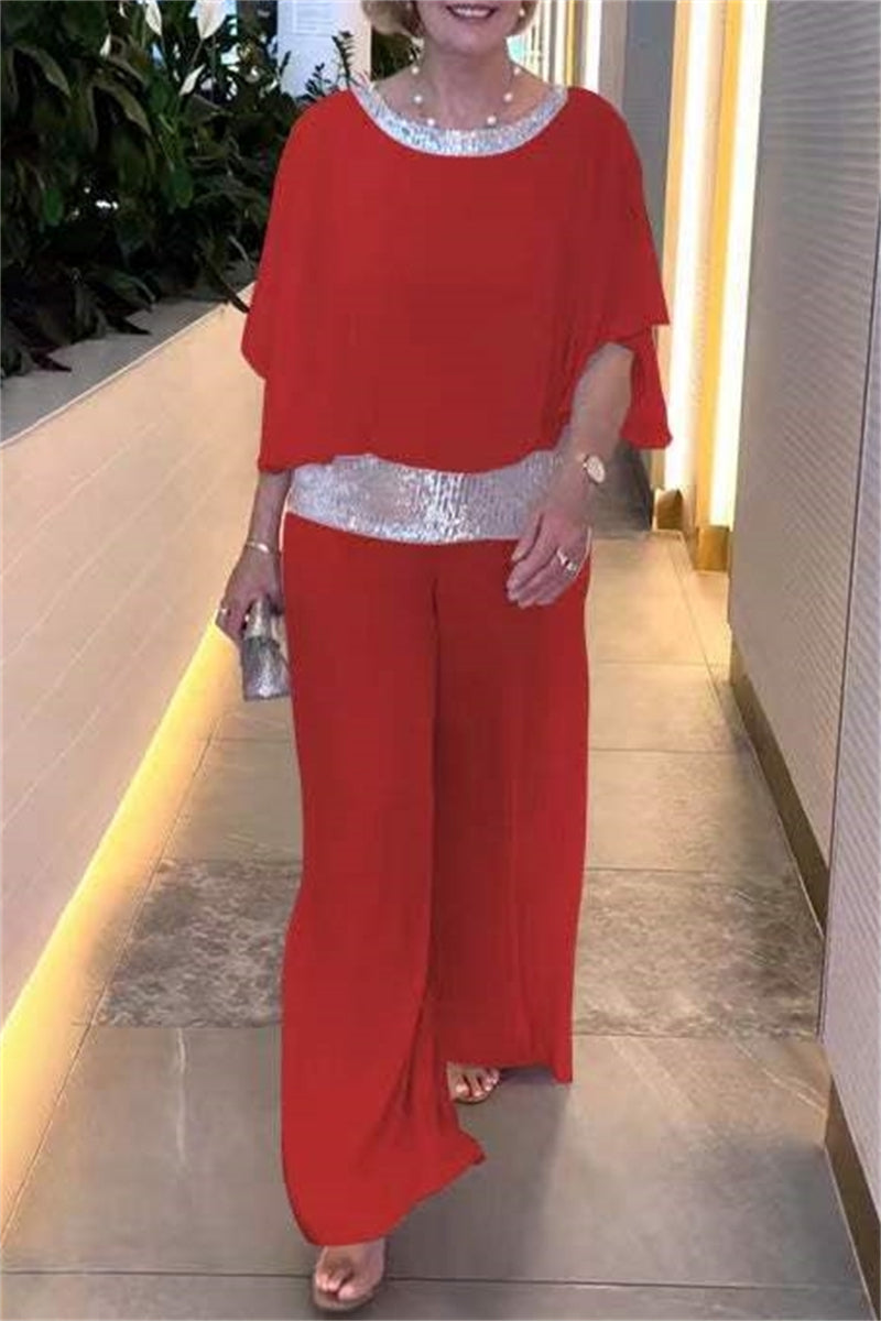 Casual Solid Color Sequins Patchwork O Neck Half Sleeve Two Pieces