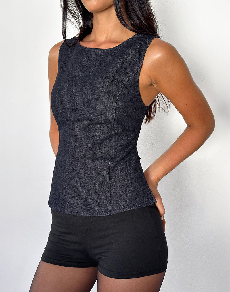 Saima Open Back Tank Top in Dark Indigo Chambray