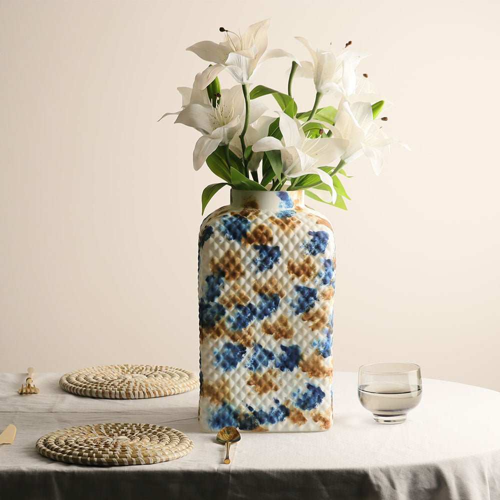 Serpentine Textured Glass Vase Large - White & Blue